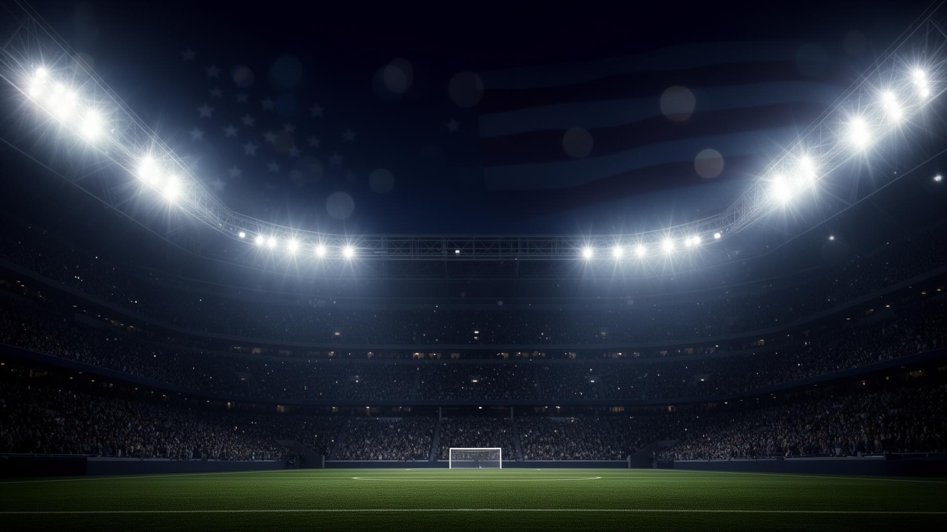 Stadium under bright lights with American flag overlay